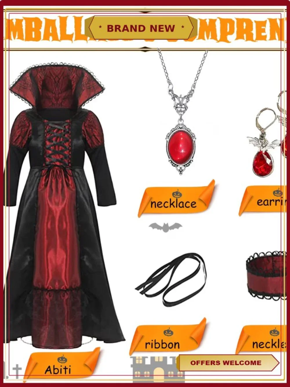 Vampire Costume Halloween Cosplay Ruby Necklace Earrings Polyester